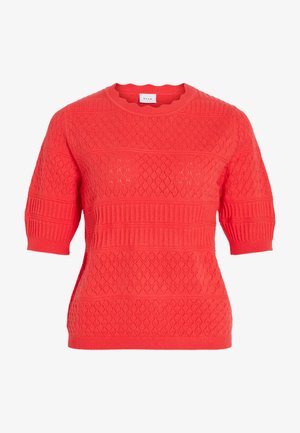 Short-sleeve coral red knit sweater with diamond and ribbed patterns and a round neckline.