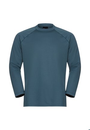 Camicia a maniche lunghe di color verde scuro, realizzata in tessuto morbido, con collo rotondo e maniche raglan. Include polsini estesi per un comfort ottimale.