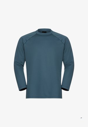 Camicia a maniche lunghe di color verde scuro, realizzata in tessuto morbido, con collo rotondo e maniche raglan. Include polsini estesi per un comfort ottimale.