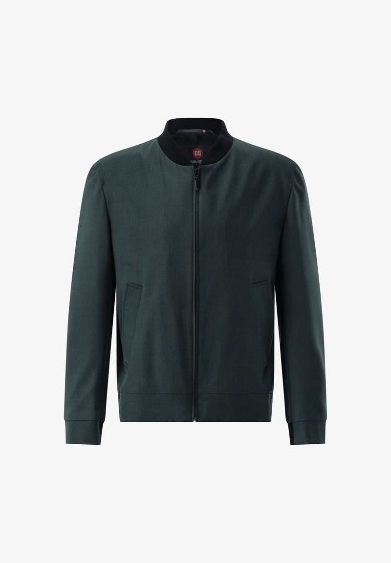 Dark green bomber jacket with black collar, front zipper, and slanted side pockets, displayed on a white background.