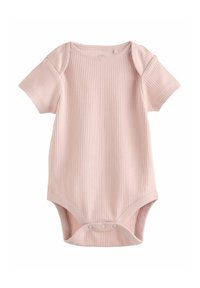 Bodysuit za bebe s kratkim rukavima u mekanom ružičastom, s rebrastom teksturom, okruglim izrezom i kopčanjem na dnu za lakše oblačenje.