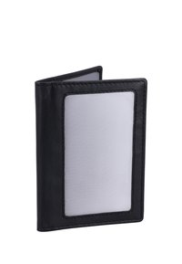Zwarte leren portemonnee met een opvouwbaar ontwerp, voorzien van een doorzichtig plastic ID-venster aan de ene kant en een gestructureerd oppervlak.