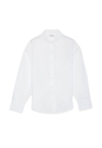 Chemise blanche à manches longues avec col classique et larges poignets, présentée sur un fond blanc.