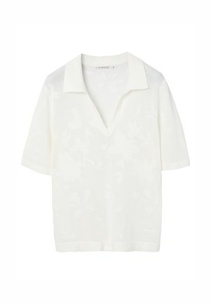 Valkoinen lyhythihainen neulottu poolopaita, jossa hienovaraiset kukkakuvioinnit ja V-aukollinen kaulus, koko medium.