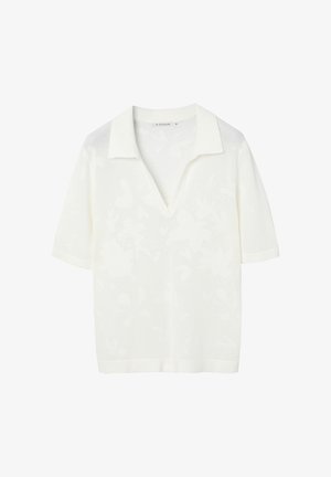 Weißes Strick-Poloshirt mit kurzen Ärmeln, dezenten Blumenmustern und V-Ausschnitt, Größe M.