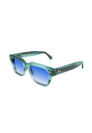 Occhiali da sole di colore acquamarina con finitura opaca, montatura quadrata, lenti blu sfumate e dettagli dorati sulle tempie.