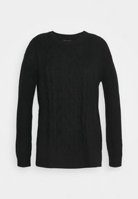 Pull noir en tricot avec un motif torsadé, poignets et ourlet côtelés. Encolure ras du cou simple et détails texturés sur le devant.