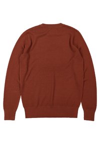 Maglione lavorato a maglia di colore ruggine, con un design testurizzato, collo rotondo e polsini e orlo a costine, mostrato da dietro.