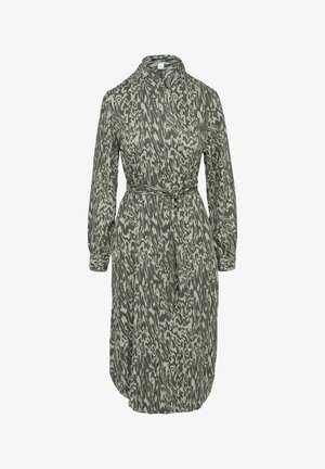 Sukienka z długim rękawem w oliwkowym kolorze z abstrakcyjnym czarnym wzorem, zapinana na guziki z przodu, z paskiem w talii i kołnierzykiem; miękka tkanina z luźnym krojem.