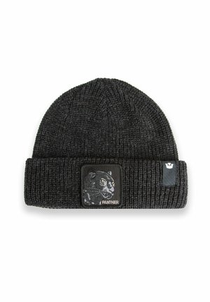 Schwarze gestrickte Mütze mit umgeschlagenem Bündchen, die ein Patch mit dem Kopf eines schwarzen Panthers und dem Wort "PANTHER" in weißen Buchstaben zeigt.