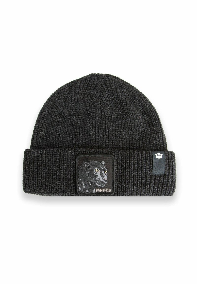 Schwarze gestrickte Mütze mit umgeschlagenem Bündchen, die ein Patch mit dem Kopf eines schwarzen Panthers und dem Wort "PANTHER" in weißen Buchstaben zeigt.