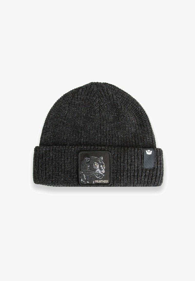 Black knitted beanie with folded cuff featuring a patch of a black panther's head and the word "PANTHER" in white letters.