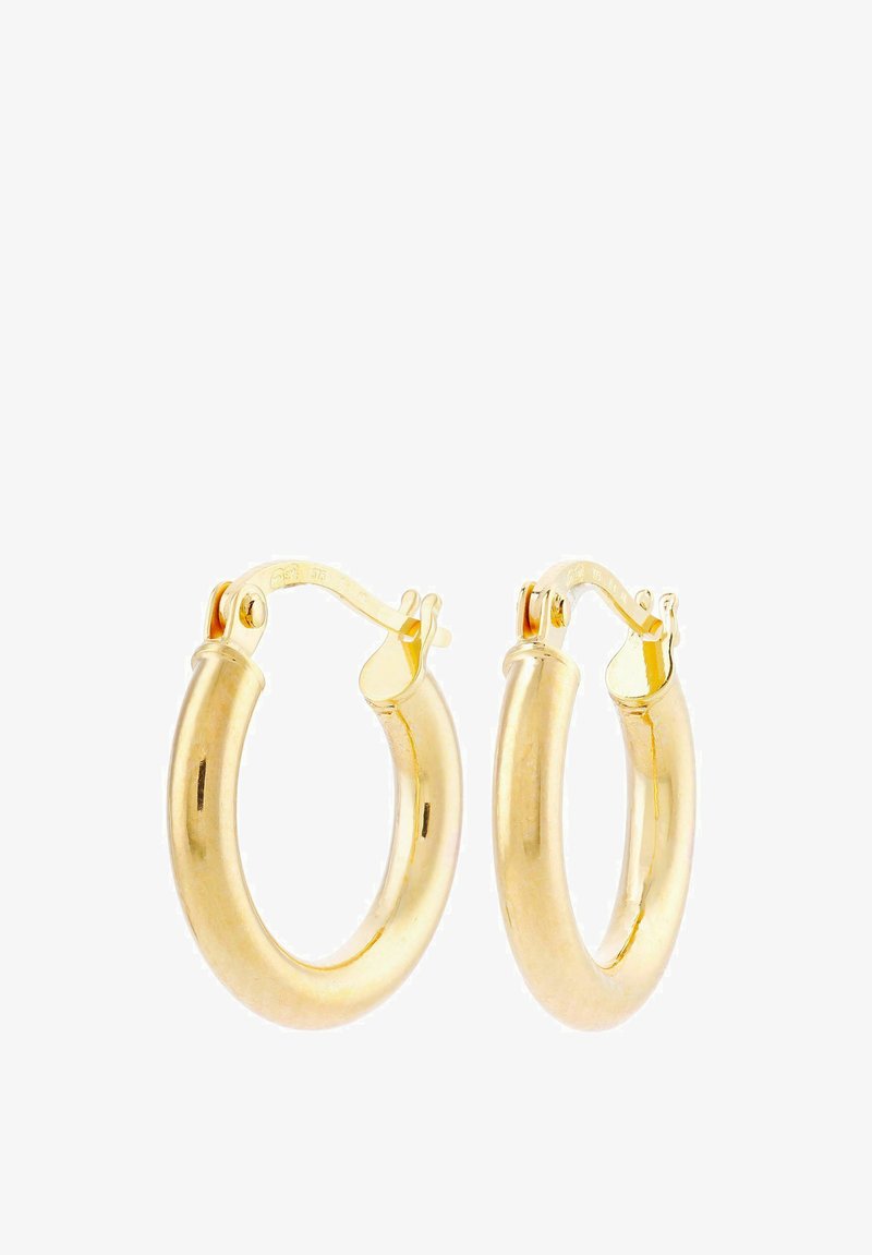 Zlato obarvane uhane v obliki obroča z gladko, polirano površino in kljukico. Okrogla zasnova s debelim, krožnim oblikovanjem.