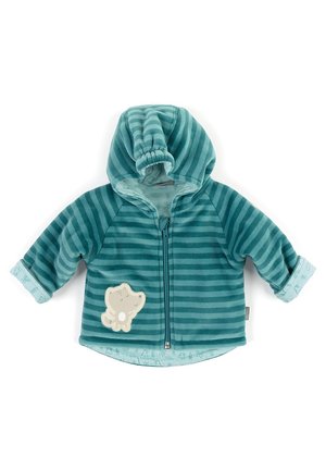 Miętowo-pasiasta bluza polarowa z pełnym zamkiem błyskawicznym, z kieszenią z przodu i kremową aplikacją zwierzęcia po lewej stronie. Mankiety mają wzorzyste detale.