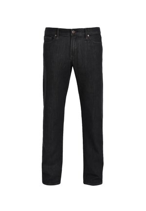 Schwarze gerade Jeans mit fünf Taschen, Knopfverschluss und Gürtelschlaufen, vor einem weißen Hintergrund präsentiert.