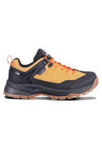 Zwarte en gele wandelschoen met oranje veters; bovenwerk van suede en mesh, rubberen buitenzool, gewatteerde kraag en gestructureerde details.