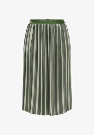 Jupe midi plissée verte avec des rayures verticales dans différentes nuances de vert et une ceinture en velours.