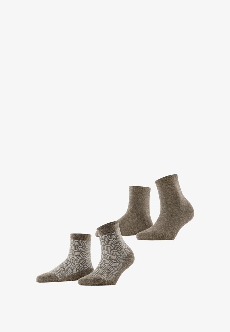 Ensemble de chaussettes marron comprenant deux paires de chaussettes de cheville avec un motif texturé et deux paires unies, fabriquées en tissu doux et respirant.