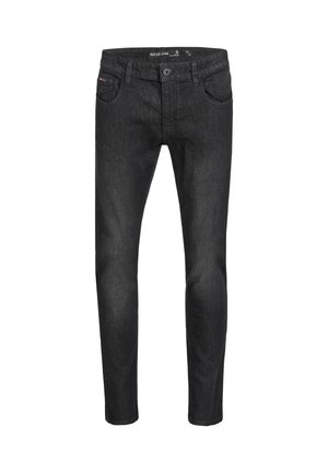 Pantalones vaqueros de mezclilla negra con corte slim, que cuentan con cinco bolsillos, cremallera y cierre de botón. La tela tiene una textura sutil.