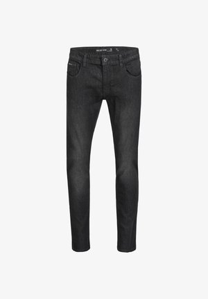 Zwarte denim jeans met een slim fit, voorzien van vijf zakken, een rits en een knoopsluiting. De stof heeft een subtiele textuur.