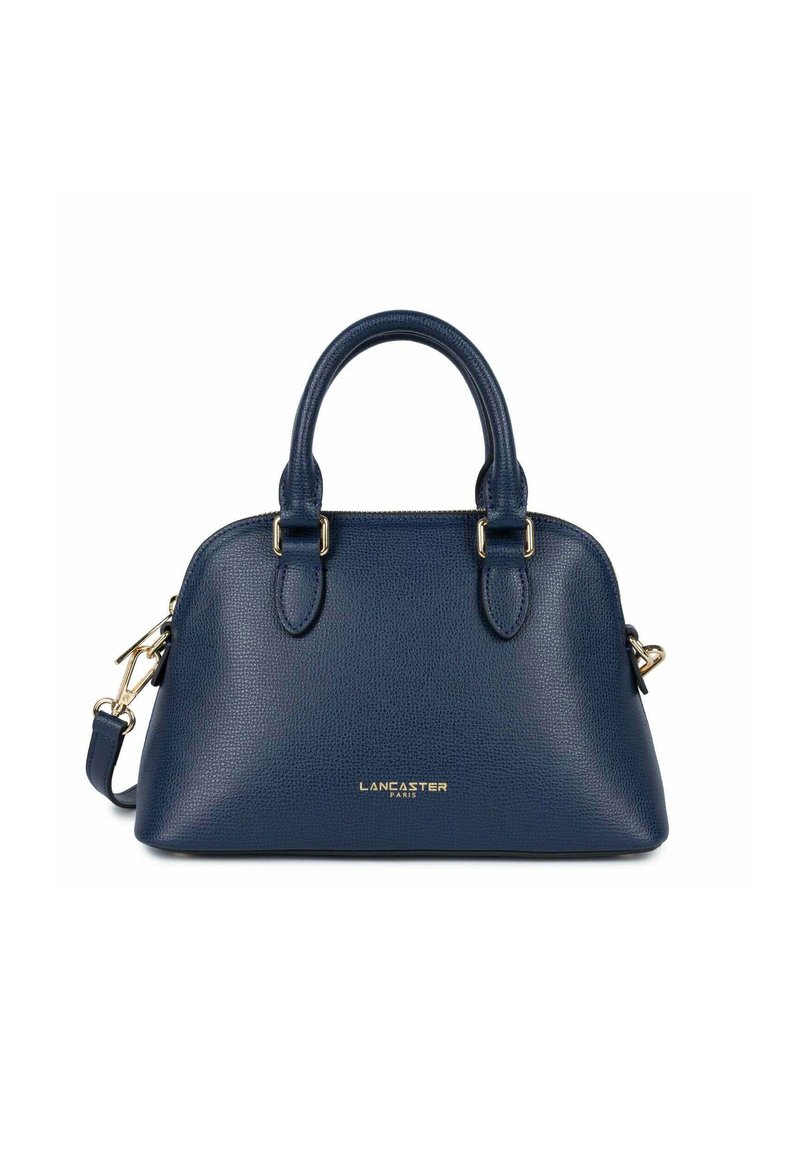 Borsa a mano in pelle blu navy con doppi manici arrotondati, hardware color oro e tracolla rimovibile. Presenta una superficie testurizzata e un dettaglio con logo.