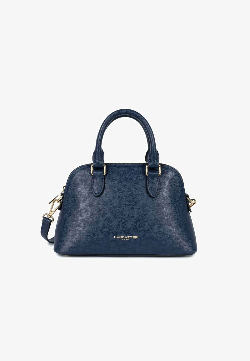 Dunkelblaues Lederhandtasche mit doppelt gerundeten Griffen, goldfarbener Hardware und abnehmbarem Schulterriemen. Verfügt über eine strukturierte Oberfläche und Logodetail.