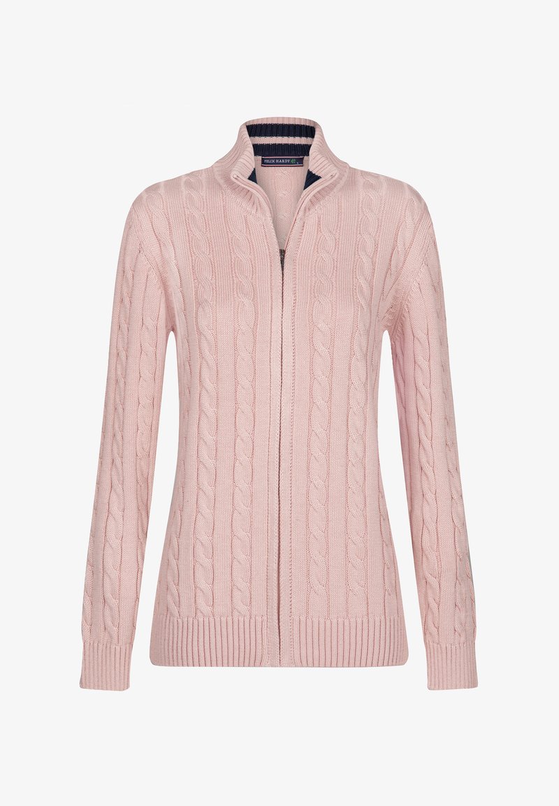 Hellrosa gestrickte Strickjacke mit einem Zopfmuster, hohem Kragen und vorderem Reißverschluss. Rippbündchen und Saum sorgen für eine bequeme Passform.