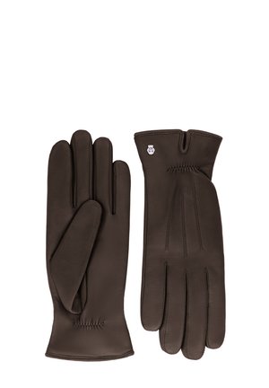 Ein Paar dunkelbraune Lederhandschuhe mit dekorativer Naht und einem kleinen silbernen Emblem am Handgelenk, flach und nebeneinander präsentiert.