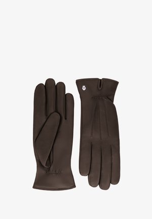 Ein Paar dunkelbraune Lederhandschuhe mit dekorativer Naht und einem kleinen silbernen Emblem am Handgelenk, flach und nebeneinander präsentiert.