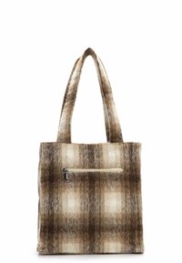 Bolsa tote de cuadros marrones y beige con asas largas y un bolsillo delantero con cremallera, hecha de tela suave y esponjosa.