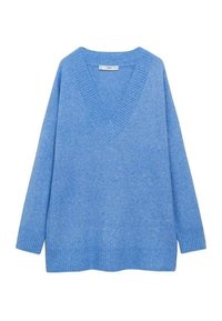 Hellblauer Pullover, V-Ausschnitt, gestrickte Textur, gerippte Kanten an den Ärmeln und dem Saum, mit langen Ärmeln und lockerer Passform.