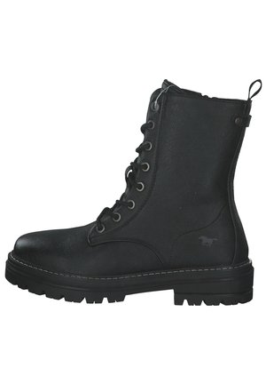 Black leather ankle boot with a round toe, lace-up front, padded collar, rugged sole, and a small logo on the outer side.