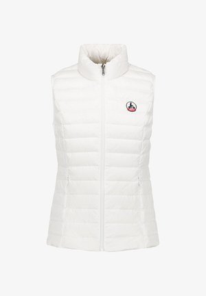 Wit gewatteerd mouwloos vest met een hoge kraag, ritssluiting aan de voorkant en twee zijzakken. Heeft een cirkelvormig logo op de linkerborst.