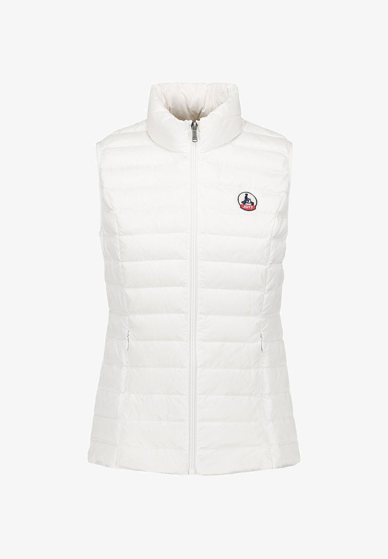 Smanicato imbottito bianco senza maniche con colletto alto, cerniera frontale e due tasche laterali. Presenta un logo circolare sul petto a sinistra.