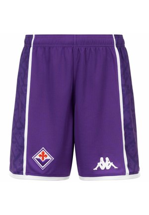 Pantaloncini sportivi viola con strisce laterali bianche, logo fleur-de-lis rosso e bianco sulla gamba sinistra e logo di figura seduta bianco sulla gamba destra.
