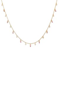 Collana in oro con catenina, arricchita da charm in cristallo rosa e trasparente distribuiti uniformemente lungo la lunghezza, che mostrano un design delicato e intricato.