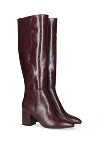 Burgundské kožené vysoké boty ke kolenům s špičatou špičkou a blokovým podpatkem. Hladká textura s jemným leskem a logem poblíž kotníku.