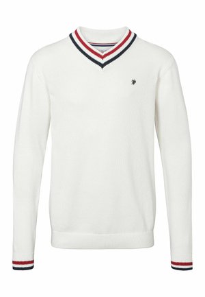 Weißer Pullover mit V-Ausschnitt, rotem und navyblauen gestreiften Saum, langen Ärmeln, gerippten Bündchen und kleinem Logo auf der Brust.