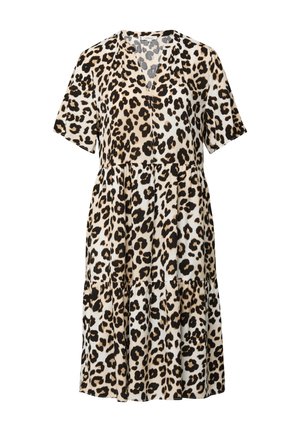 Vestito midi a maniche corte con stampa leopardata, scollo a V e gonna a più balze, con macchie nere e marroni su sfondo beige.
