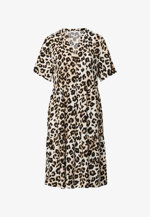 Leopardenmuster Midi-Kleid mit kurzen Ärmeln, V-Ausschnitt und gestuftem Rock, mit schwarzen und braunen Flecken auf beigem Hintergrund.