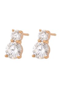 Orecchini a bottone in oro rosa con due gemme trasparenti di forme rotonde di dimensioni crescenti, saldamente fissate da griffe arrotondate.