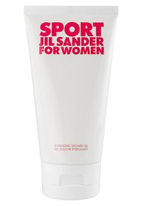 Vit plasttub med flip-lock-lock. Har fet rosa text som säger "SPORT JIL SANDER FÖR KVINNOR" och "ENERGIZING SHOWER GEL."