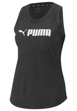Czarny sportowy top bez rękawów z białym logo Puma na piersi, z siateczkową tkaniną na dolnej połowie i dopasowanym krojem.