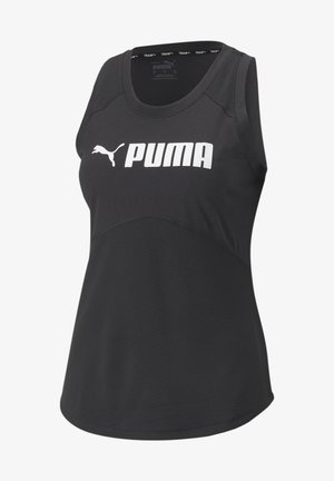 Zwarte mouwloze sporttop met wit Puma-logo op de borst, met meshstof aan de onderkant en een aansluitend model.