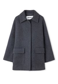 Cappotto grigio in misto lana con colletto, apertura frontale e due tasche a fessura davanti. Design strutturato con una vestibilità leggermente oversize.
