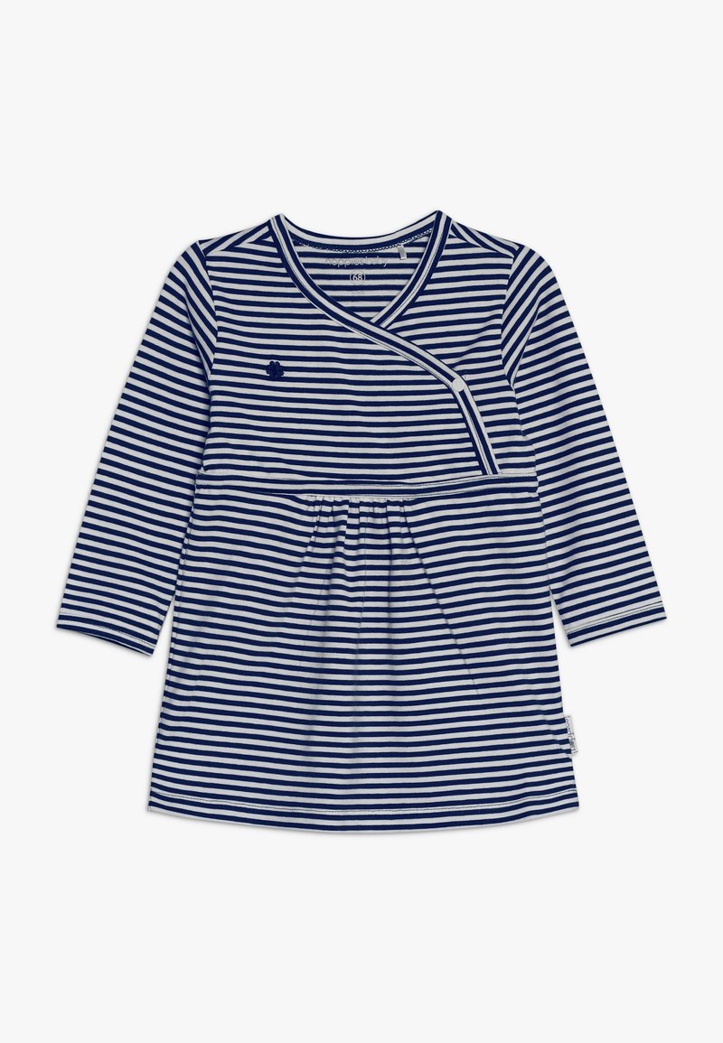 Robe bébé à manches longues rayée bleu et blanc avec fermeture pression latérale et détail taille froncée.