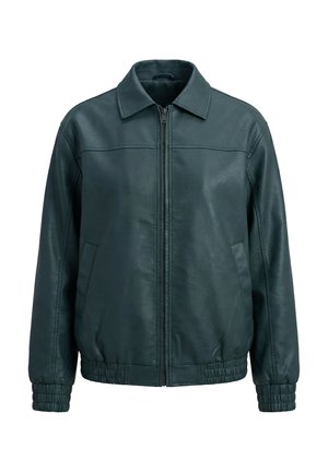 Dunkelgrüne Lederjacke mit Frontreißverschluss, klassischem Kragen, elastischen Bündchen und Seitentaschen.