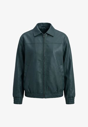 Dunkelgrüne Lederjacke mit Frontreißverschluss, klassischem Kragen, elastischen Bündchen und Seitentaschen.