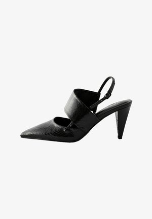 Black slingback high heel with a pointed toe, textured patent leather, and a wide strap across the front, featuring a 3-inch stiletto heel.