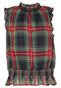 Haut sans manches à carreaux noir avec des rayures rouges, vertes et bleues. Doté d'un col smocké et d'un bord d'épaule froncé, ourlet inférieur froncé.